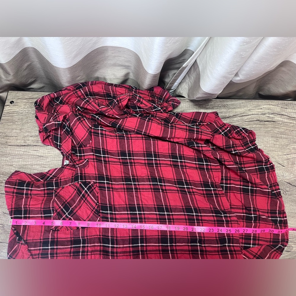 Free People Not Your Boyfriends Tunic Plaid Top Red‎ Oversized Balloon Sleeve Xs - Picture 5 of 8